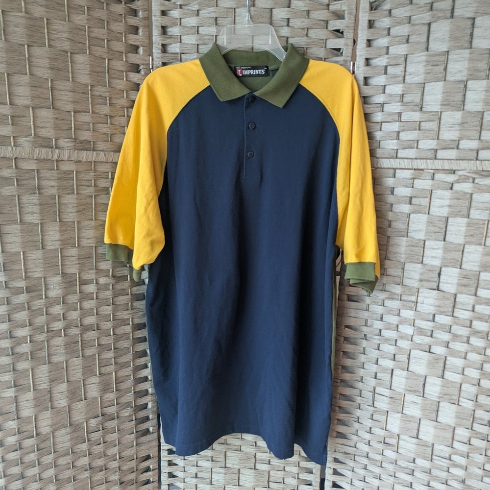 Vtg 90s M.E. Sports Imprints Polo Shirt Navy Yellow Green Colorblock Mens Sz M